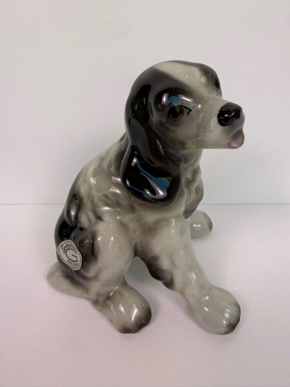 Vintage Goldscheider Dog Figurine Spaniel Puppy Gray Black Glossy Ceramic